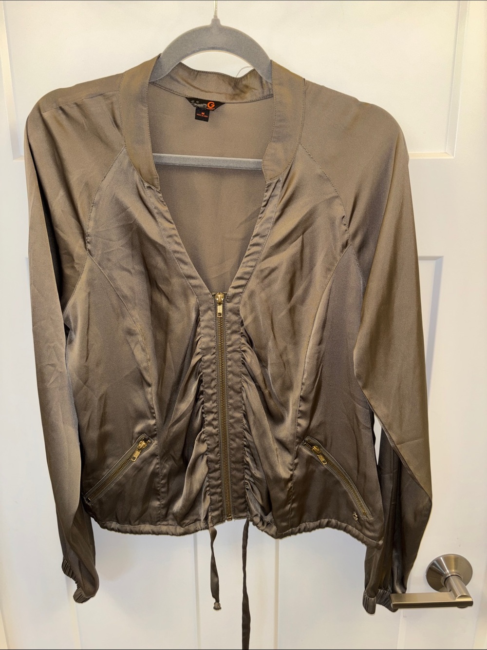 Guess Olive Satin Zip-Front Bomber Jacket
